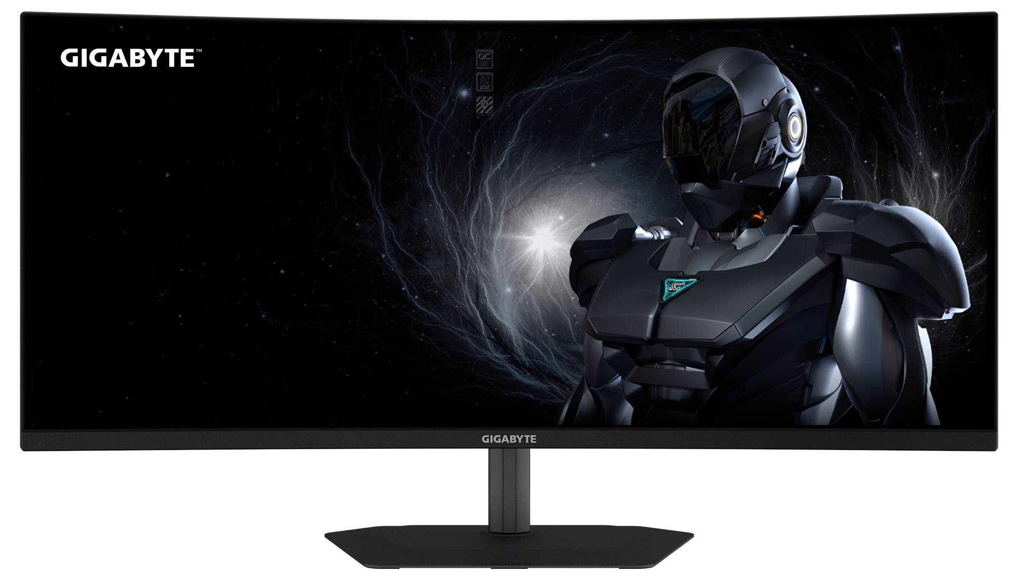 Zakřivený monitor Gigabyte zobrazující futuristickou postavu v brnění před kosmickým pozadím.