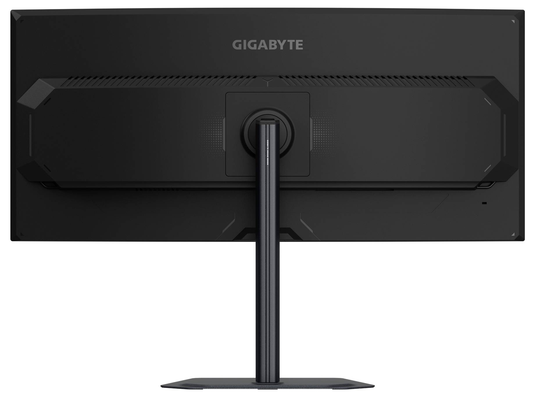 Monitor Gigabyte pohledem zezadu, ukazující elegantní design s centrální podstavou a logem značky v horní části.