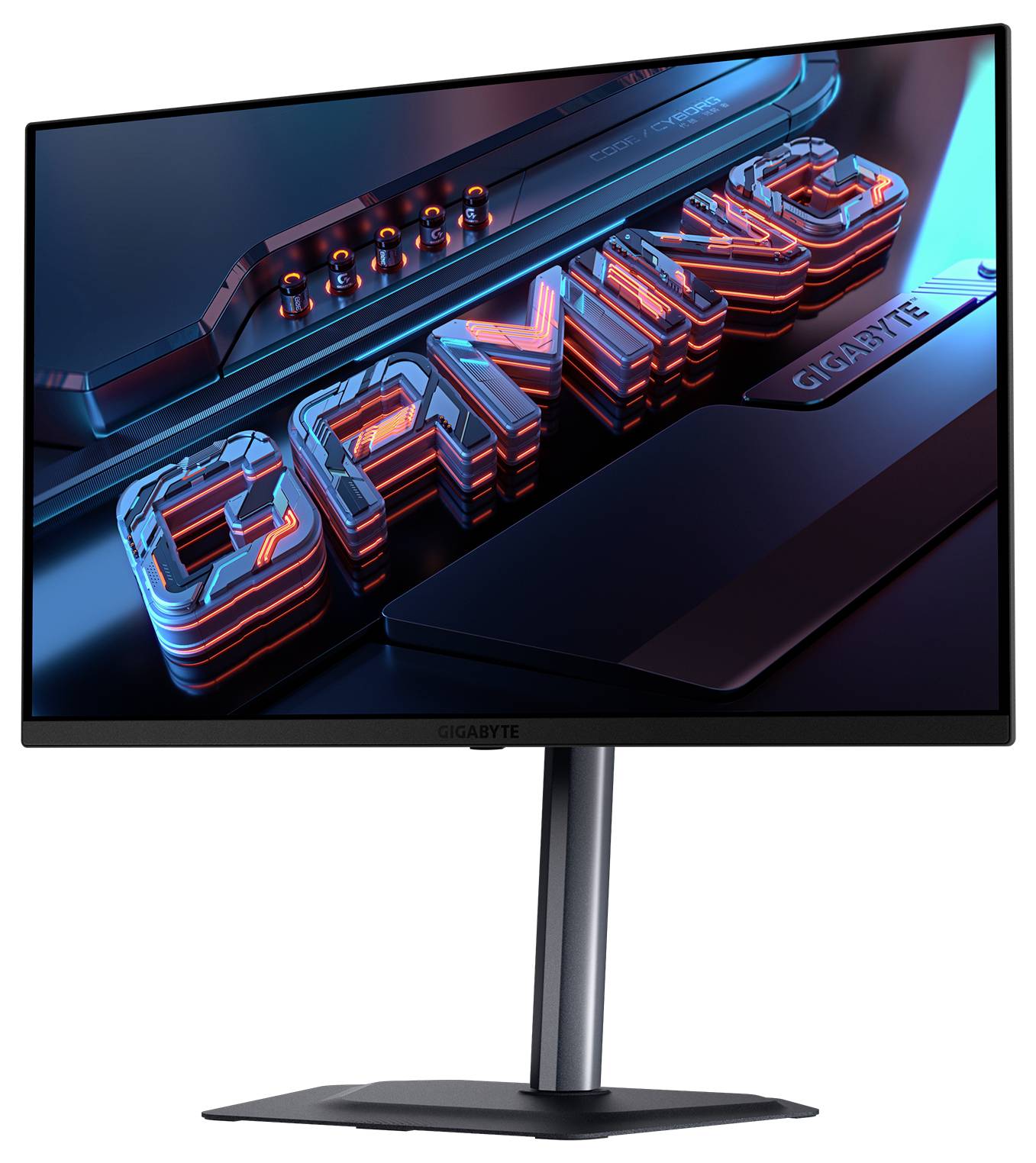 Počítačový monitor zobrazující slovo 'GAMING' v 3D futuristickém designu.