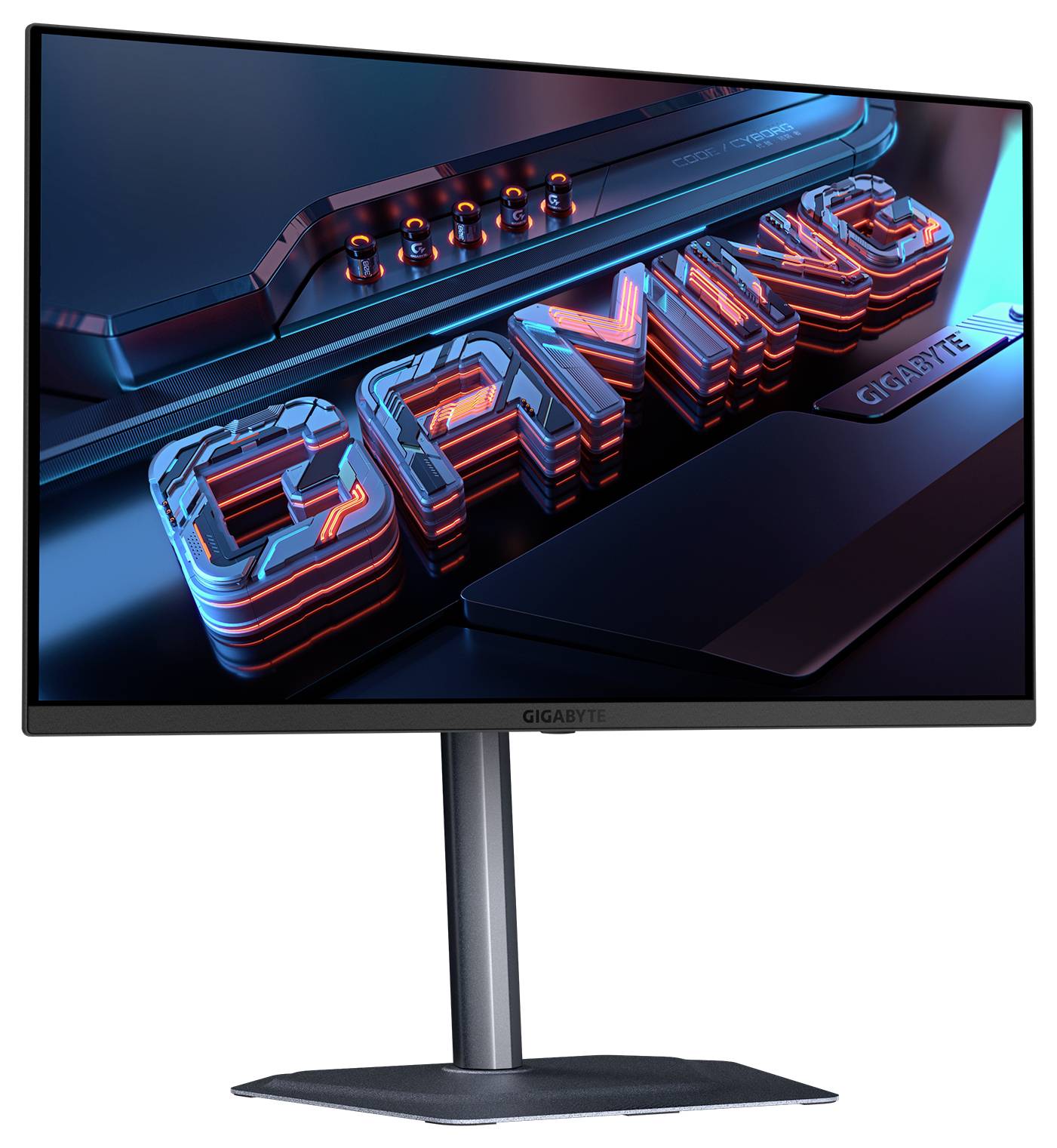Elegantní herní monitor zobrazuje živý obraz s nápisem 'GAMING' tučnými, osvětlenými písmeny a futuristickými designovými prvky.