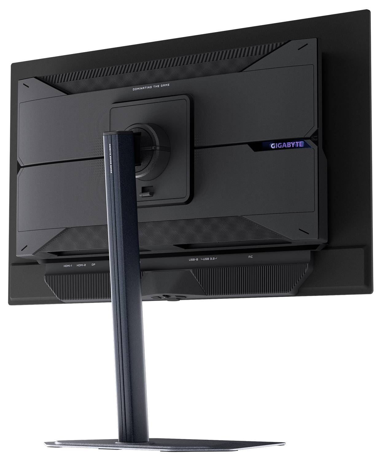 Monitor počítače pohledem zezadu, ukazující pevný stojan a elegantní černý design. Značka je viditelná v pravém horním rohu.