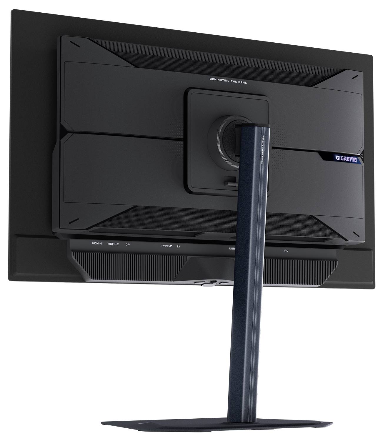 Obrázek zobrazuje zadní stranu herního monitoru Gigabyte umístěného na stojanu s elegantním černým designem a viditelnými montážními prvky.