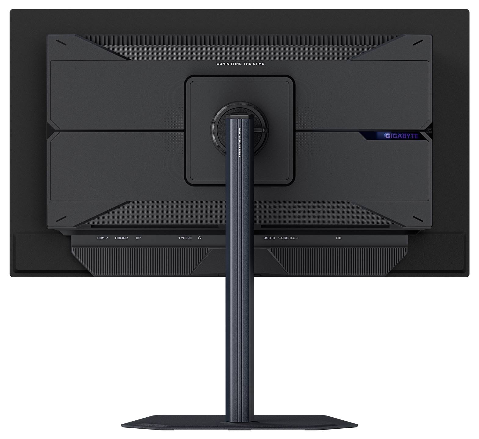 Pohled zezadu na moderní počítačový monitor značky Gigabyte umístěný na elegantním stojanu, který prezentuje jeho design a nastavitelné funkce.