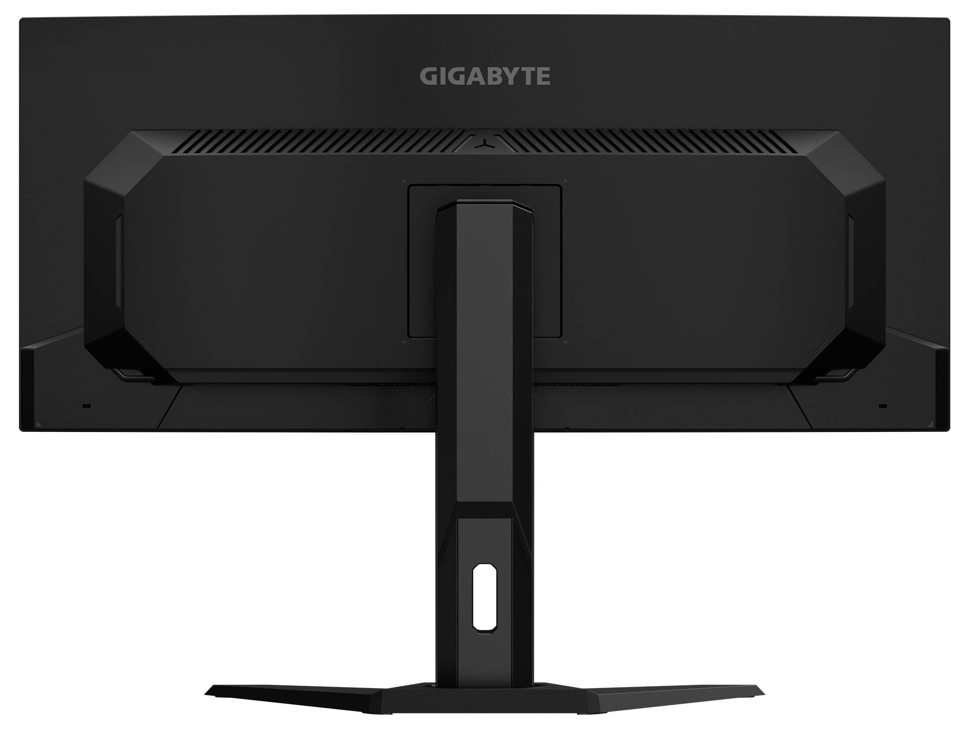 Černý počítačový monitor Gigabyte zobrazený zezadu na stojanu, s názvem značky zobrazeným v horní části.