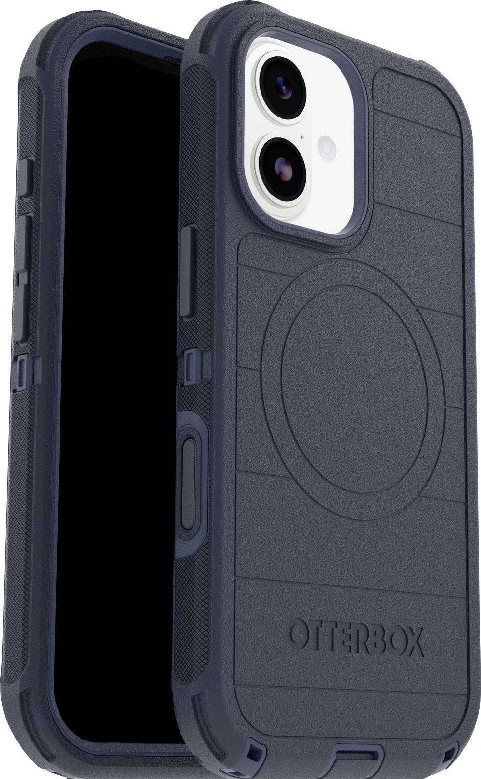 Modrý ochranný kryt OtterBox na telefon s kruhovým vzorem na zadní straně, navržený pro ochranu smartphonu, zobrazený pod úhlem.