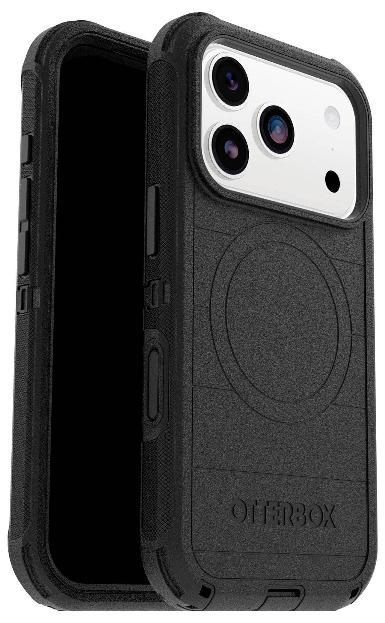 Robustní černý kryt na telefon se zesílenými hranami, který ukazuje výřezy pro tři objektivy fotoaparátu a vytlačené logo v dolní části.
