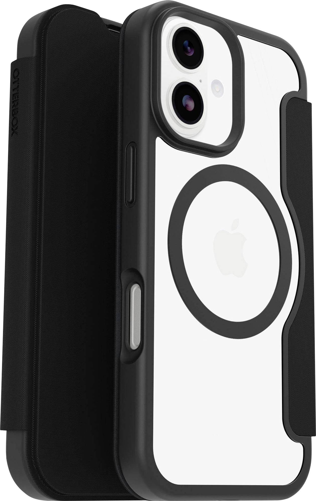 Černobílý obal na telefon s kruhovým designem a výřezem pro fotoaparát, kompatibilní s příslušenstvím MagSafe.