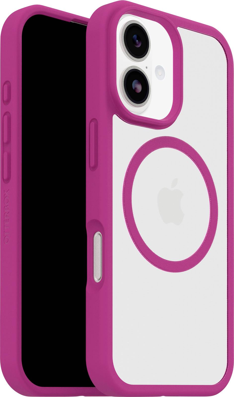 Smartphone s duálním fotoaparátem v průhledném a růžovém ochranném pouzdře, s viditelným logem Apple na zadní straně.