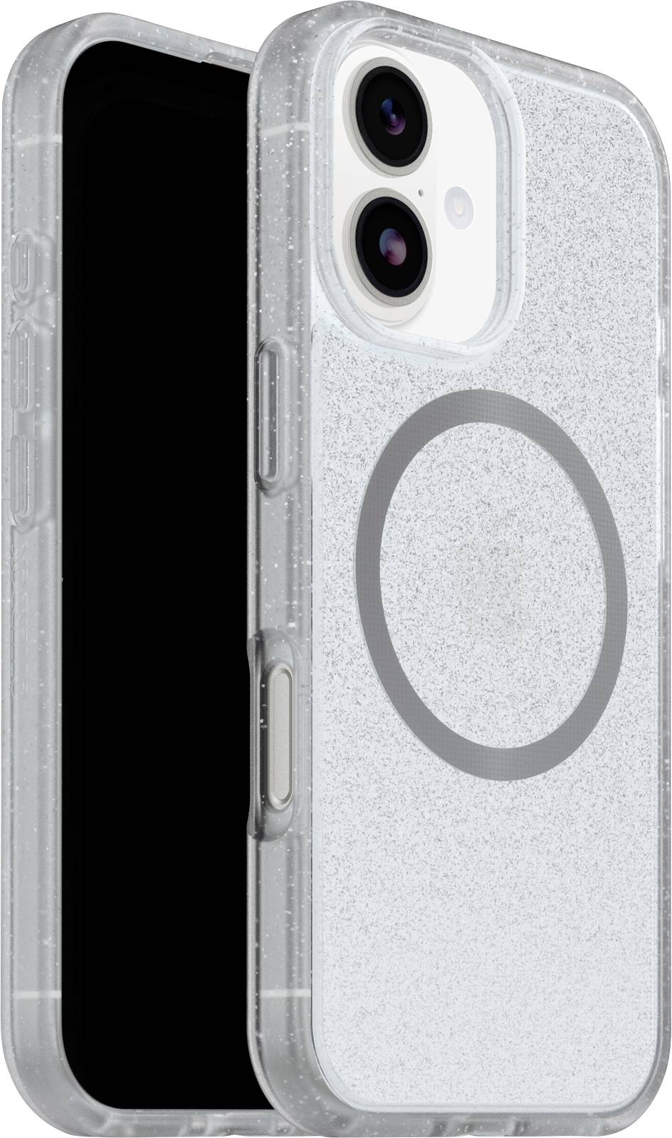 Průhledný smartphone kryt s třpytkami a kruhovým designem na zadní straně, který zobrazuje výřezy pro duální kameru a otvory pro boční tlačítka.