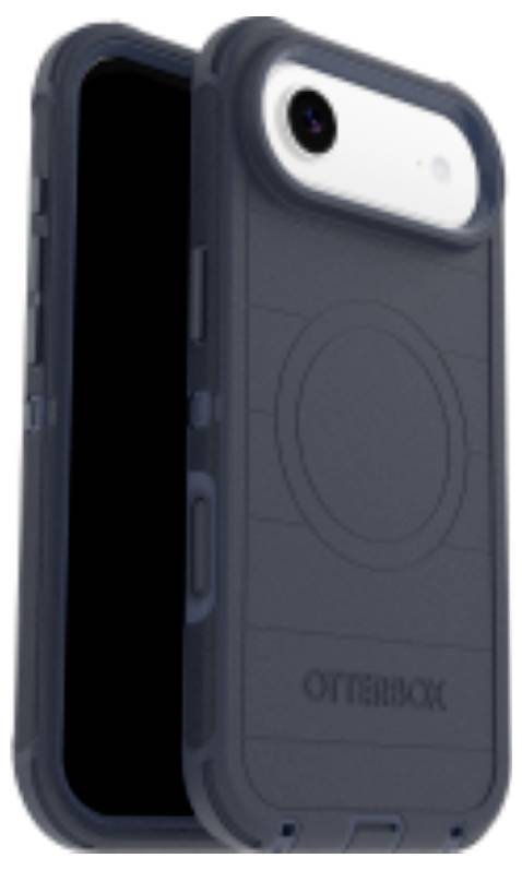 Detailní záběr smartphonu v tmavě modrém odolném ochranném krytu s viditelným objektivem fotoaparátu a slovem 'OtterBox' na zadní straně.
