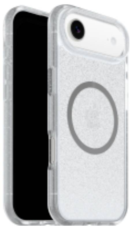 Chytrý telefon s průhledným ochranným krytem s viditelným kruhovým designem MagSafe na zadní straně.