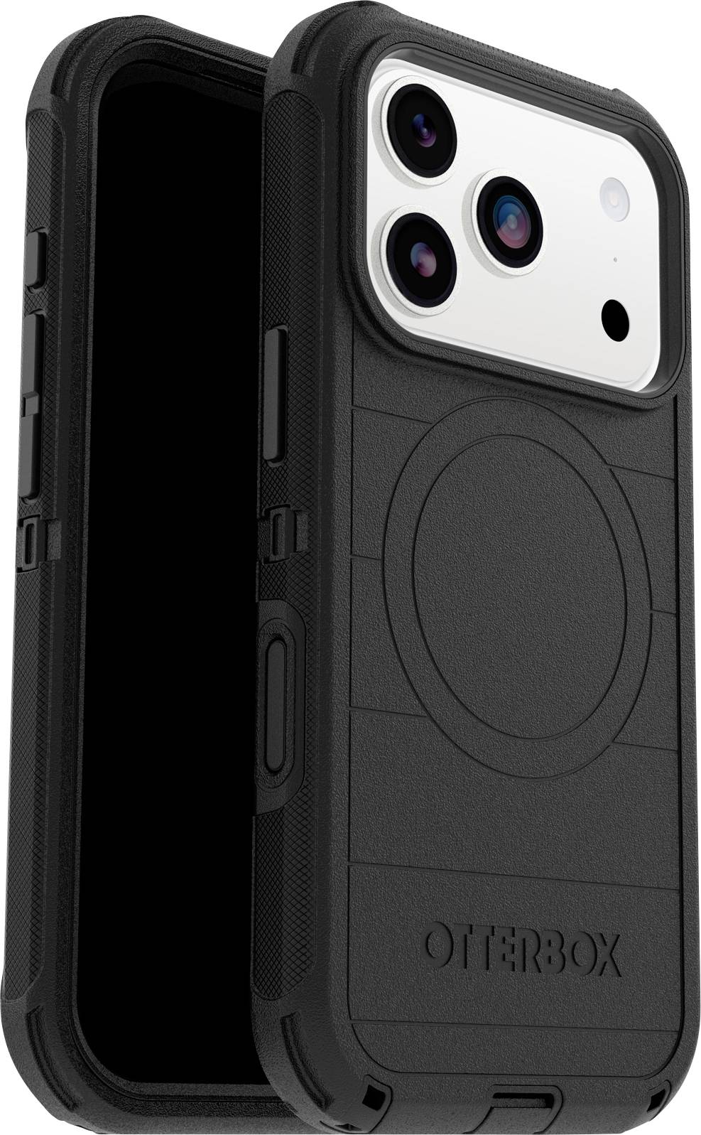 Černý ochranný kryt Otterbox pro smartphone, který vykazuje robustní design, přesné výřezy pro fotoaparát a zesílené rohy pro maximální ochranu.