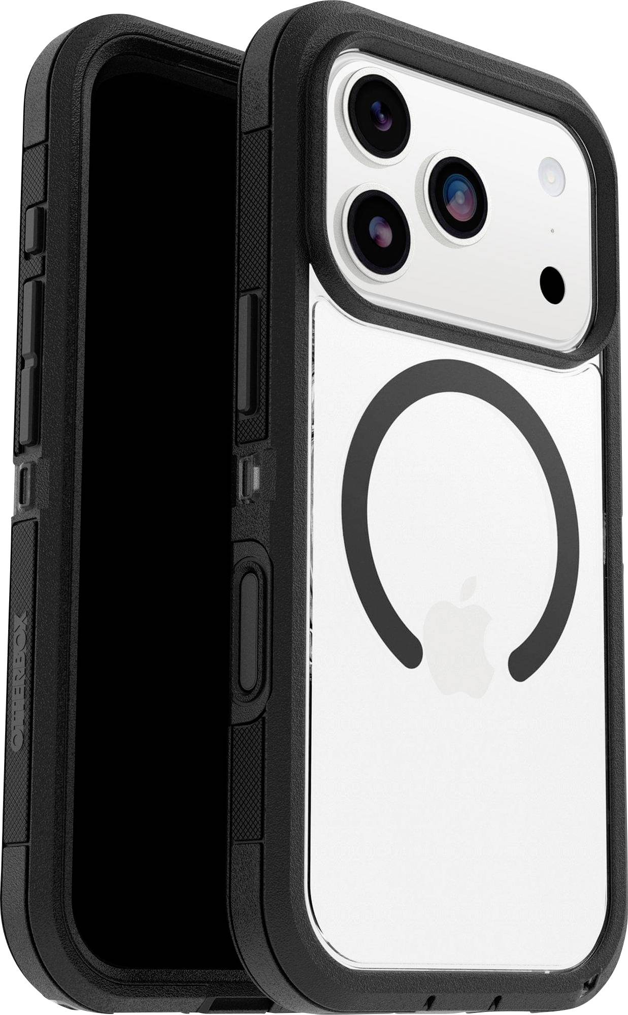 Ochranný smartphone kryt s přesným výřezem pro kameru a kompatibilitou s MagSafe, zobrazený na telefonu s viditelným logem Apple.