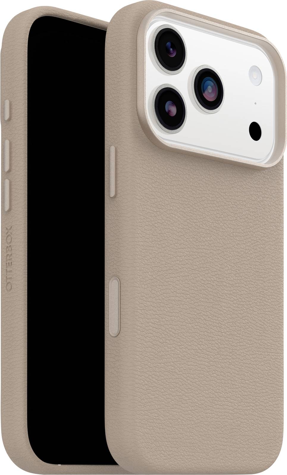 Béžový obal na telefon s texturovaným povrchem, zobrazující výřez pro trojitý fotoaparát. Název značky 'Otterbox' viditelný na straně.