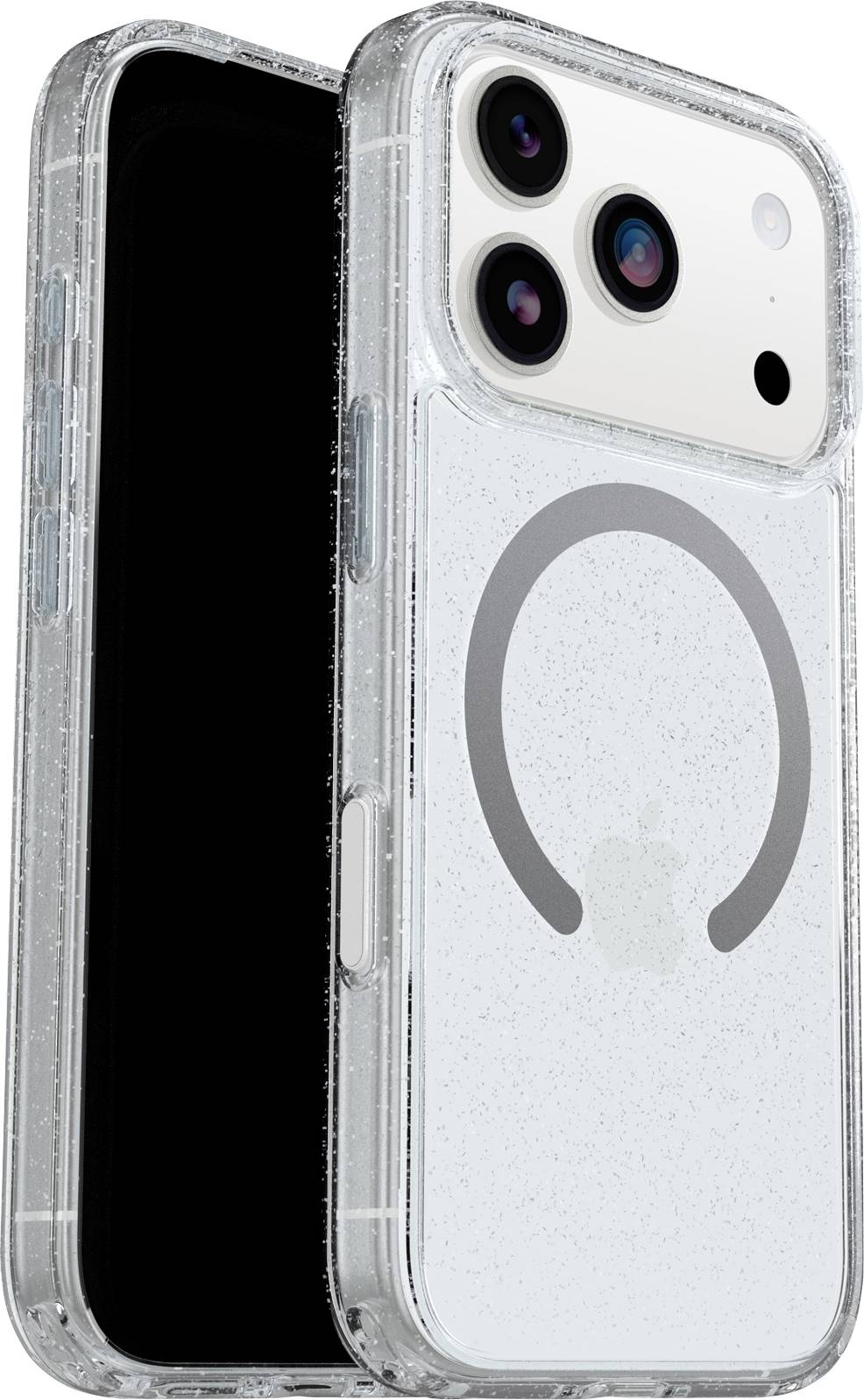 Smartphone v průhledném třpytivém pouzdře s duálním zadním fotoaparátem je zobrazen s obrazovkou otočenou do strany, což zdůrazňuje design pouzdra.