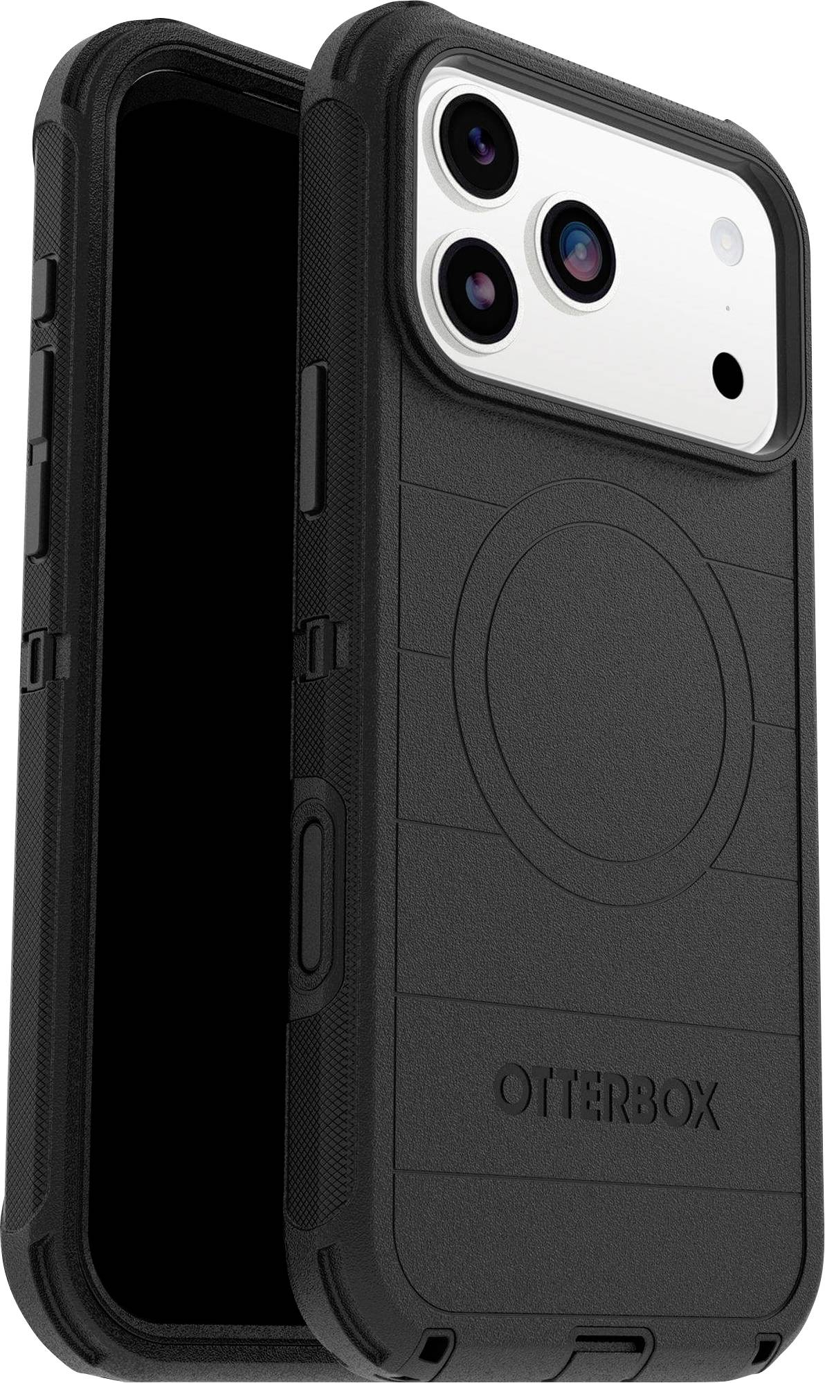 Odolný černý kryt na telefon OtterBox navržený pro smartphony s duálním fotoaparátem, s vyztuženými rohy a strukturovaným zadním povrchem pro lepší úchop.