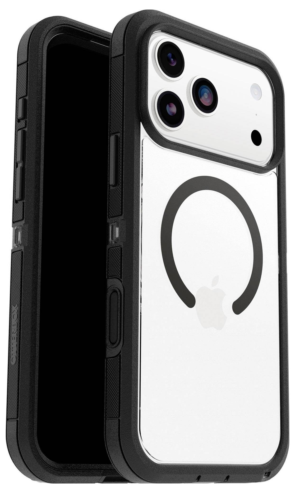 Smartphone s ochranným černým pouzdrem, s viditelnými objektivy fotoaparátu a logem Apple na zadní straně, s kruhovým magnetickým tvarem.