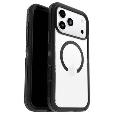 Smartphone s ochranným černým pouzdrem, s viditelnými objektivy fotoaparátu a logem Apple na zadní straně, s kruhovým magnetickým tvarem.