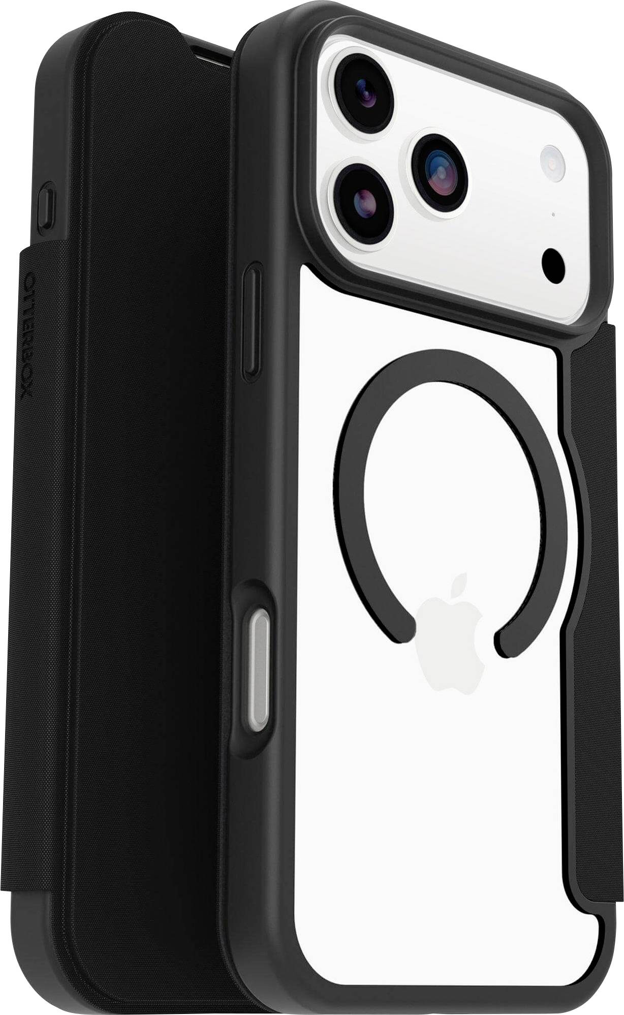 Smartphone v černém pouzdře s duálními fotoaparáty a logem Apple na zadní straně, který má pod fotoaparáty kruhový vzor.
