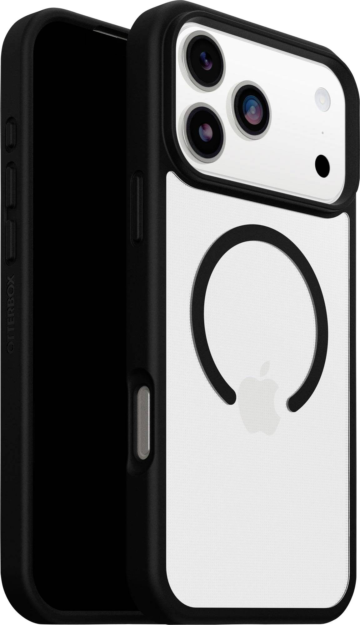 Bílý smartphone disponuje trojitým fotoaparátem a logem Apple na zadní straně, je opatřen černým ochranným krytem.