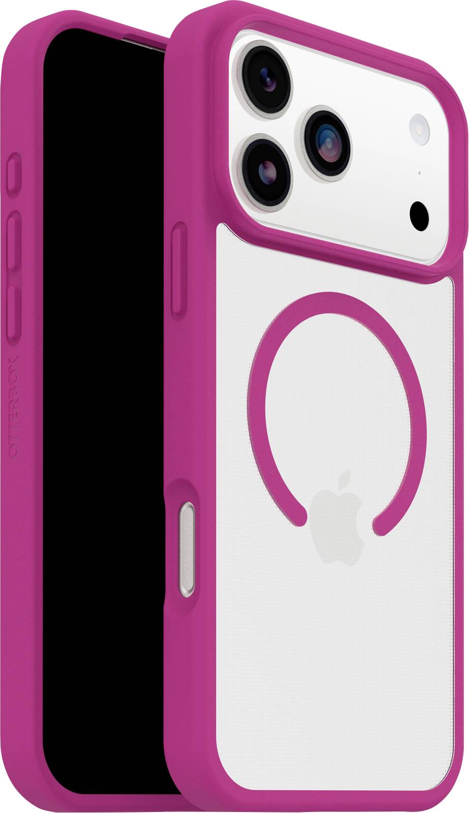 Chytrý telefon s růžovým ochranným pouzdrem, který má tři zadní fotoaparáty a logo Apple.