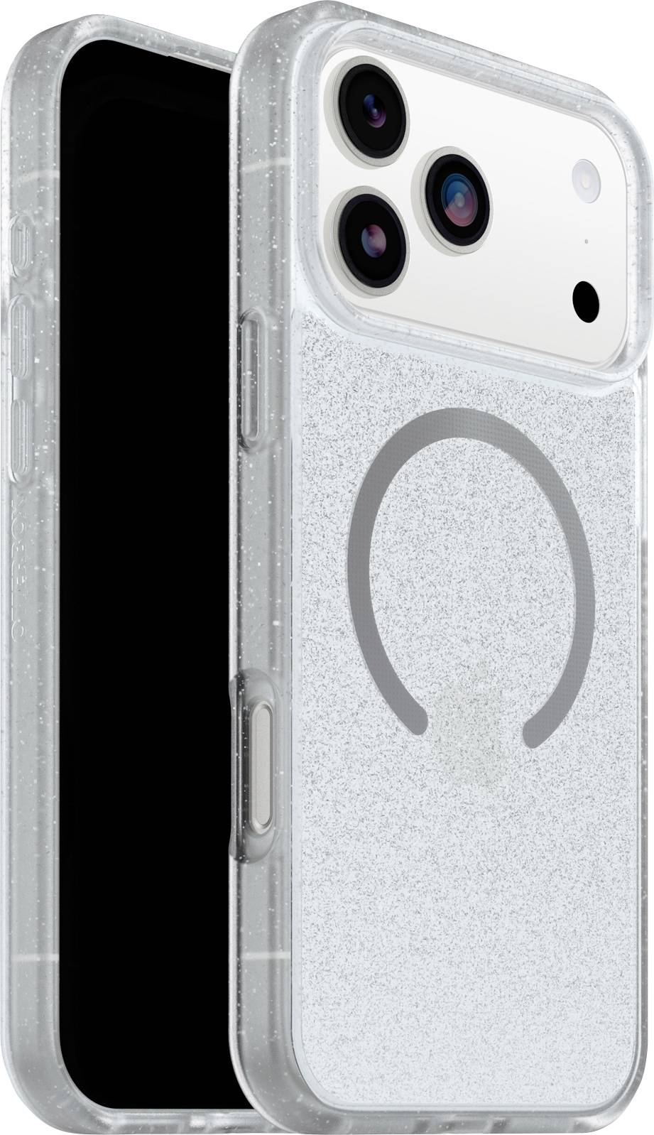 Průhledný smartphonový kryt s třpytivým povrchem, který na zadní straně vykazuje kruhový design a prezentuje trojitou sestavu fotoaparátů telefonu.