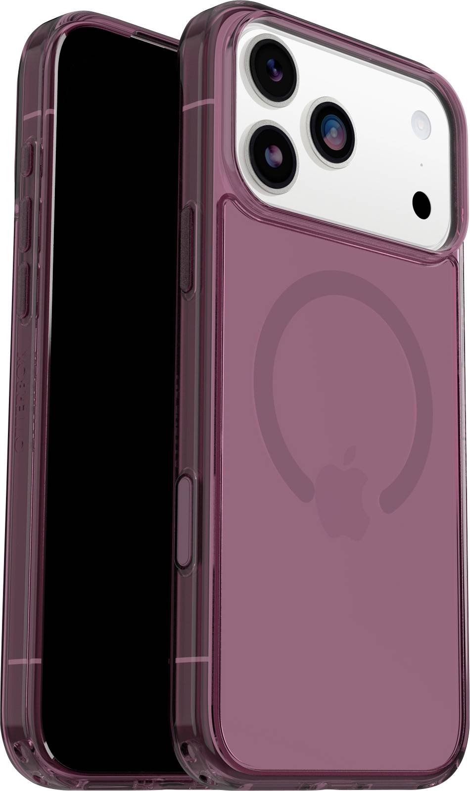 Růžový smartphone s trojitým fotoaparátem a pouzdrem MagSafe, zobrazující přední a zadní design s logem Apple.
