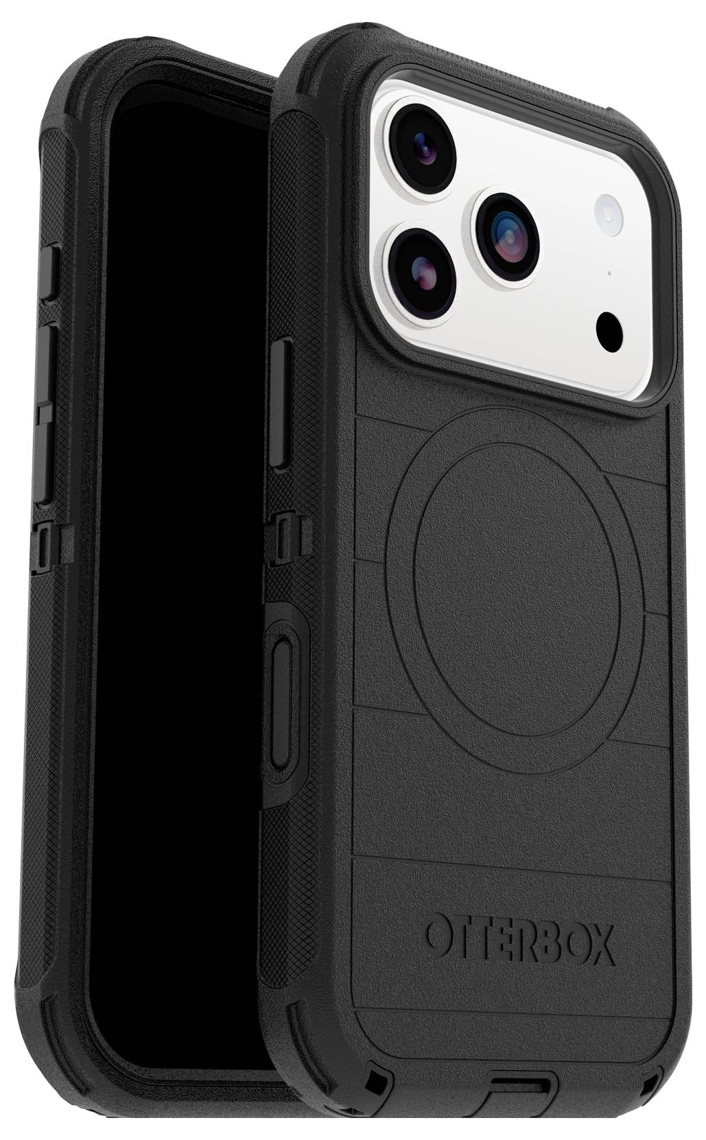 Černý smartphone kryt s robustním designem a velkou výřezem pro fotoaparát je zobrazen. Název značky 'OtterBox' je vytlačen na zadní straně.