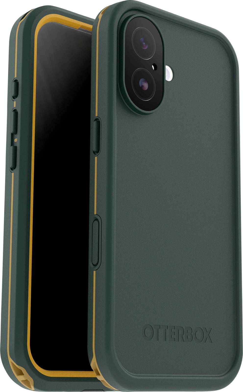 Chytrý telefon v tmavě zeleno-oranžovém obalu OtterBox, zobrazující přední a zadní pohled, zvýrazňující ochranný design.