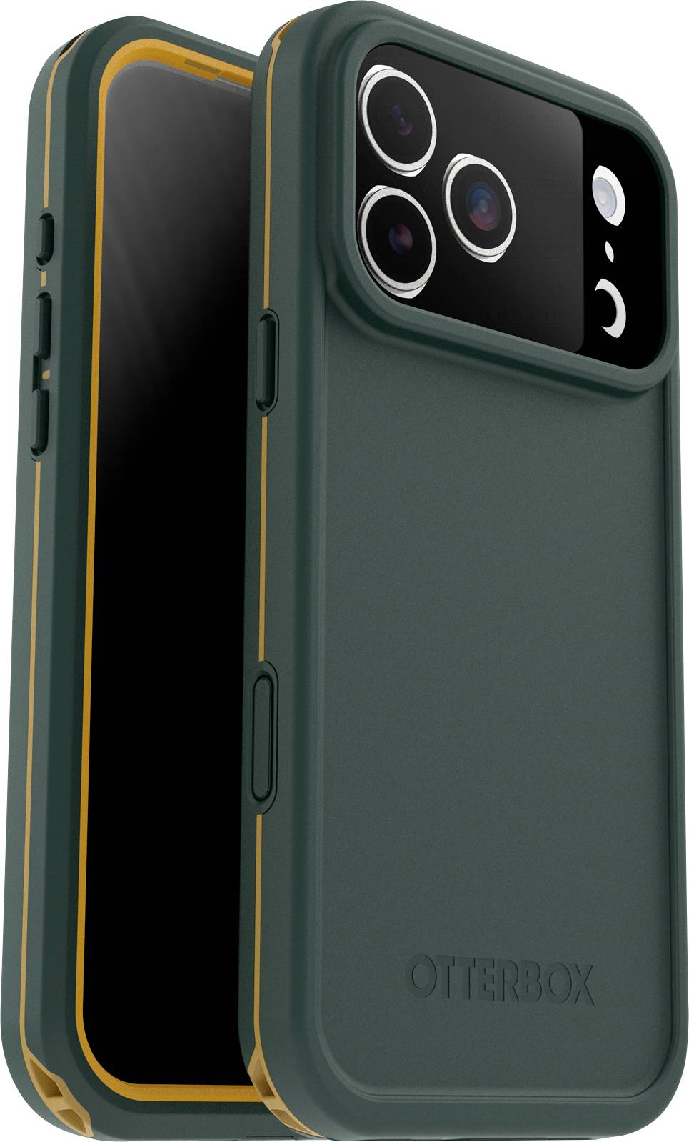Dva smartphony v zelených a oranžových ochranných krytech Otterbox, které ukazují detaily fotoaparátu a tlačítek. Jeden telefon je orientován čelní stranou a druhý zobrazuje zadní stranu.
