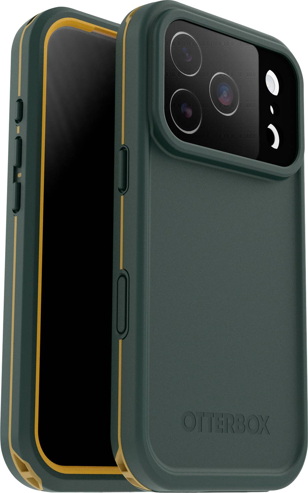 Tmavě zelený ochranný kryt na telefon se žlutými akcenty, s otvory pro objektivy fotoaparátu, boční tlačítka a logem OtterBox.