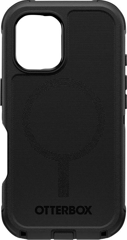 Černý mobilní kryt OtterBox s designem kompatibilním s MagSafe, který má strukturovaný zadní povrch pro lepší úchop.