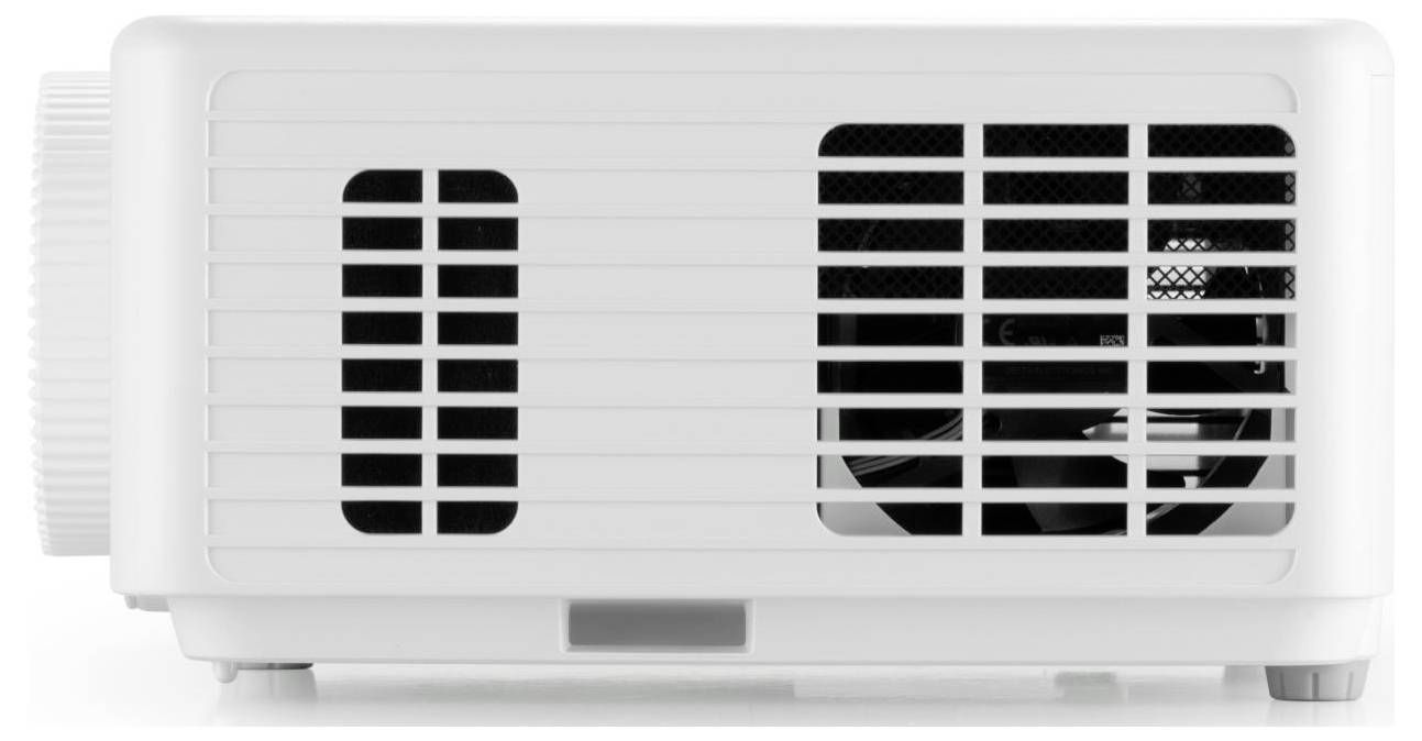 Bílá ventilační jednotka s horizontálními lamelami a viditelným vnitřním ventilátorem, určená pro cirkulaci vzduchu v elektronickém zařízení.