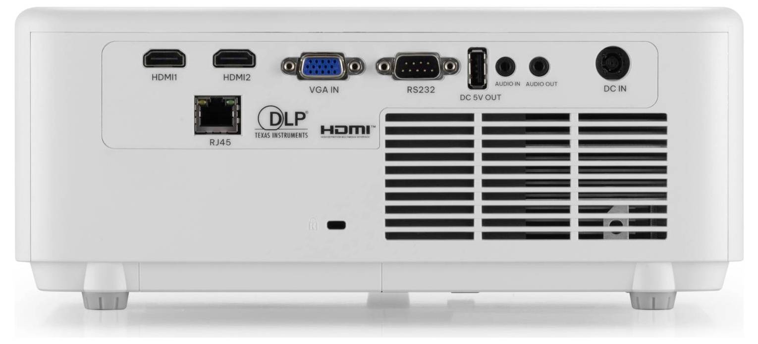Zadní pohled na bílý projektor zobrazující různé připojovací porty včetně HDMI, VGA, RS232 a audio vstupu/výstupu.