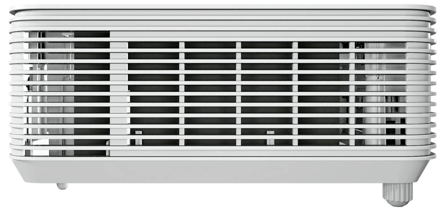 Detailní pohled na bílou klimatizační jednotku s horizontálními ventilačními mřížkami. Design vykazuje kompaktní, moderní obdélníkový tvar.