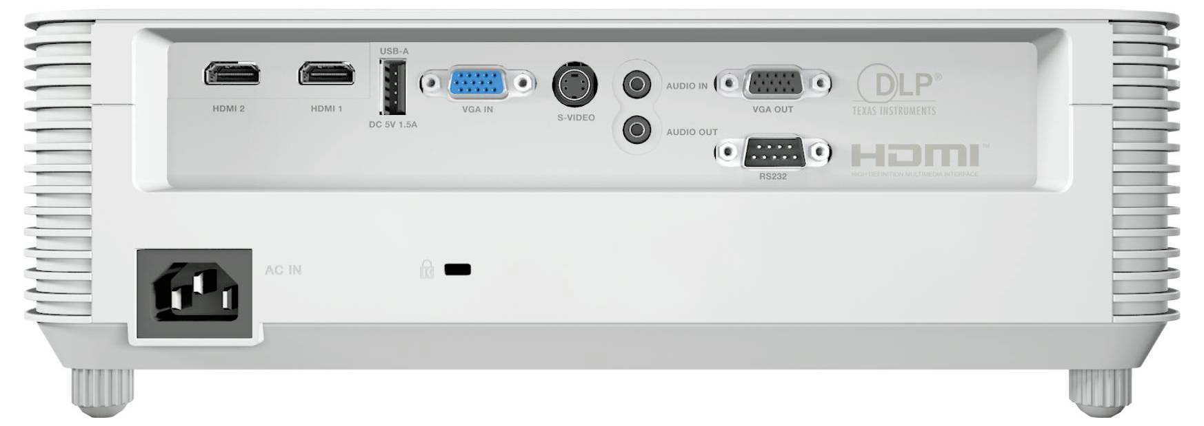 Zadní panel projektoru s několika porty včetně HDMI, VGA, audio vstupu a výstupu a USB. Štítky naznačují použití technologie DLP.