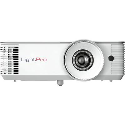 Bílý projektor LightPro s výraznou čočkou na pravé straně a větracími štěrbinami na levé straně, určený pro prezentace nebo domácí použití.