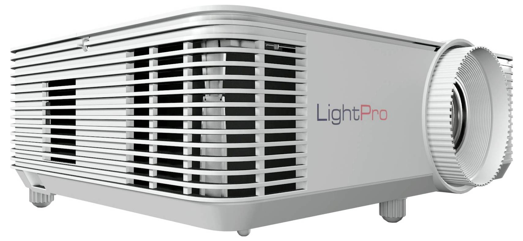 Stříbrný projektor značky 'LightPro' s vytištěným názvem na boku, s větranými stranami a objektivem umístěným vpředu vpravo.