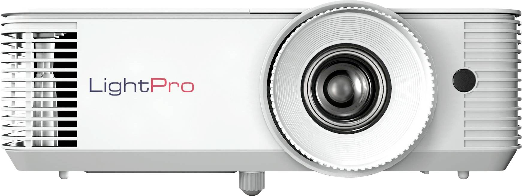 Bílý projektor LightPro s velkým objektivem, pohled zepředu.