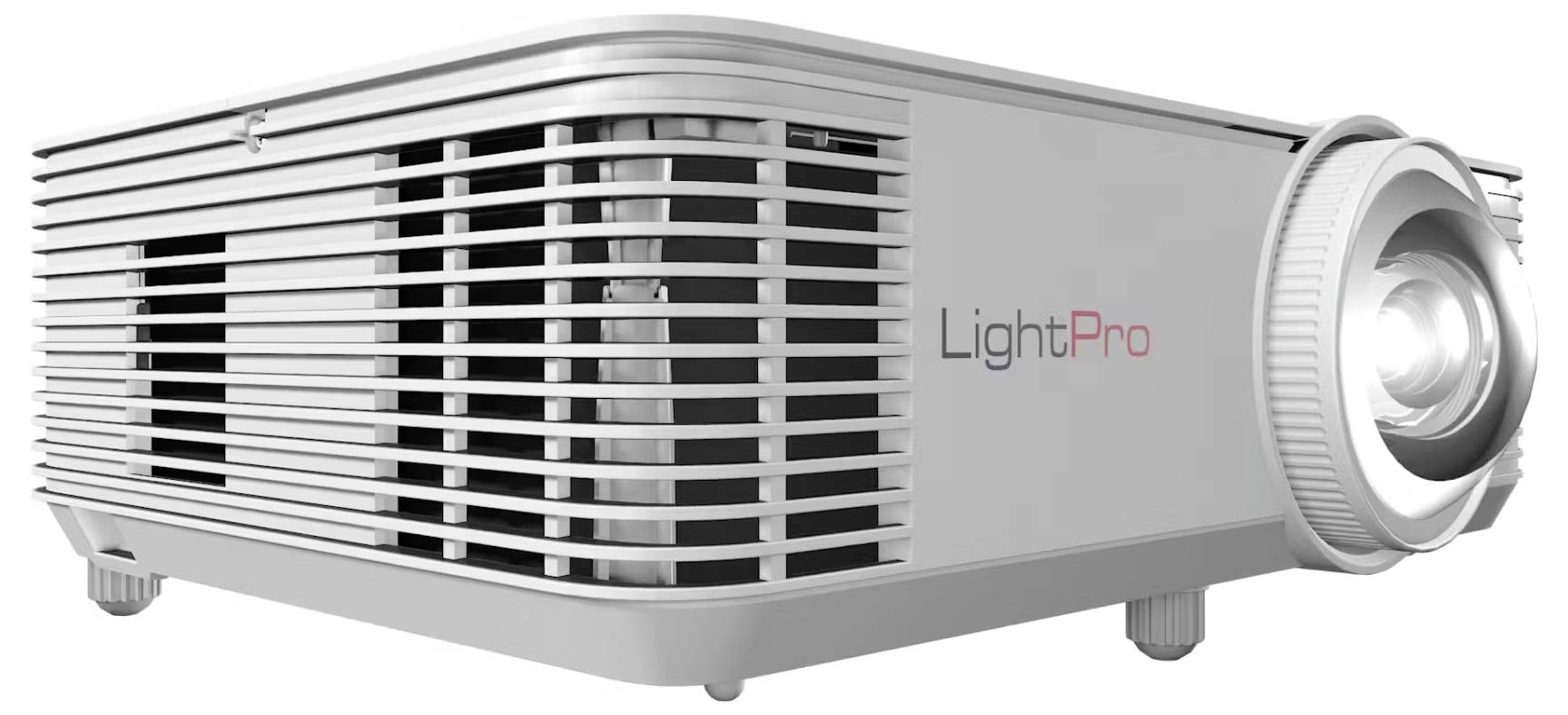 Stříbrný projektor označený štítkem 'LightPro', s osvětleným objektivem, umístěný na rovném povrchu.