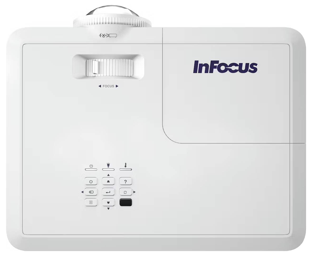 Bílý projektor InFocus pohledem shora, zobrazující ovládací panel s tlačítky a ostřicím regulátorem.