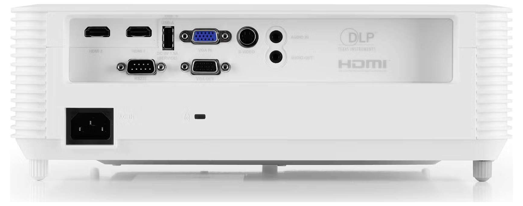 Obrázek ukazuje zadní panel bílého projektoru. Obsahuje různé vstupní porty, jako jsou HDMI, VGA, USB a zvukové jacky.