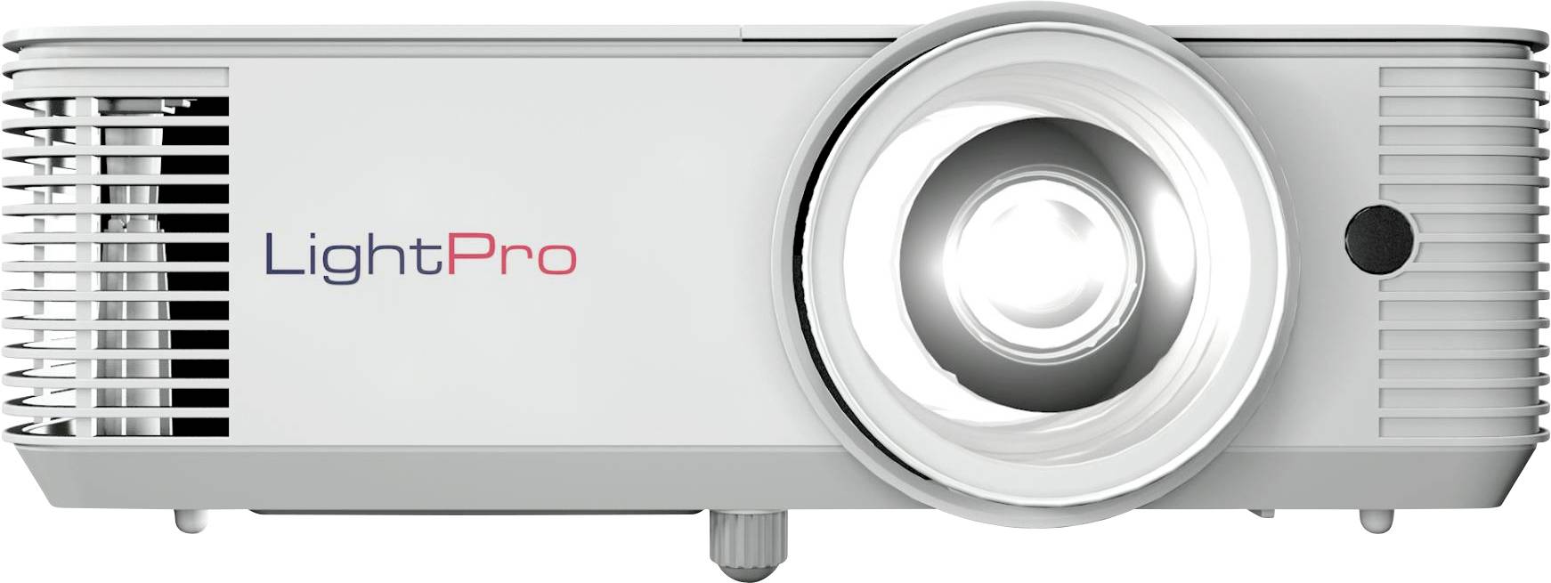 Pohled zepředu na projektor LightPro, zobrazující objektiv a logo.