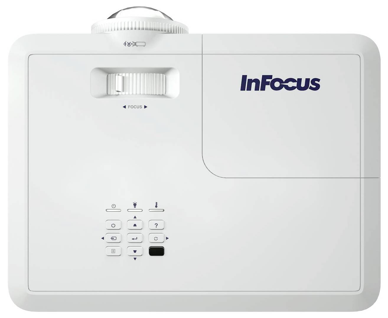 Bílý projektor InFocus pohledem shora, s ostřicím kolečkem a ovládacím panelem s několika tlačítky pro různé funkce.