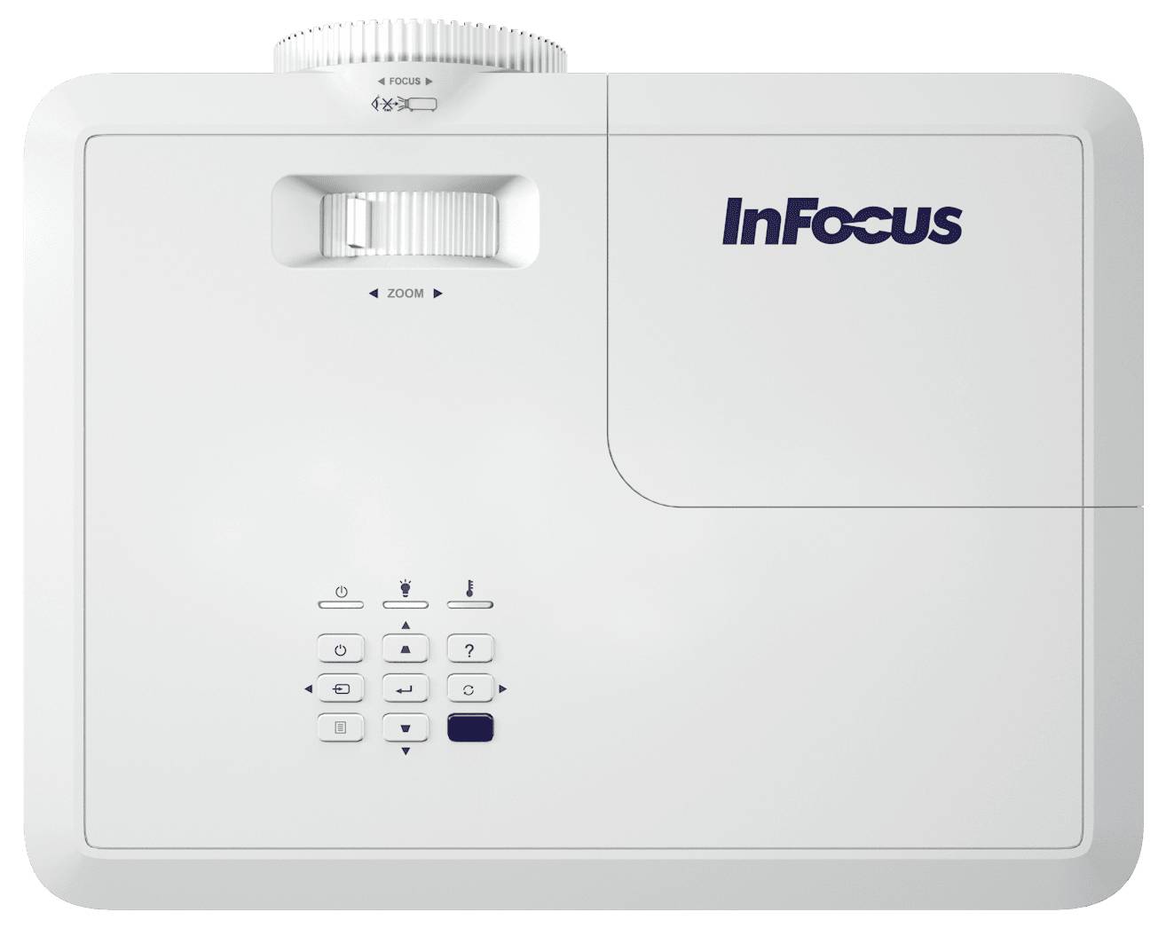 Bílý projektor InFocus je zobrazen z pohledu shora, s ovládacími tlačítky a voliči zaostření/zoomu.