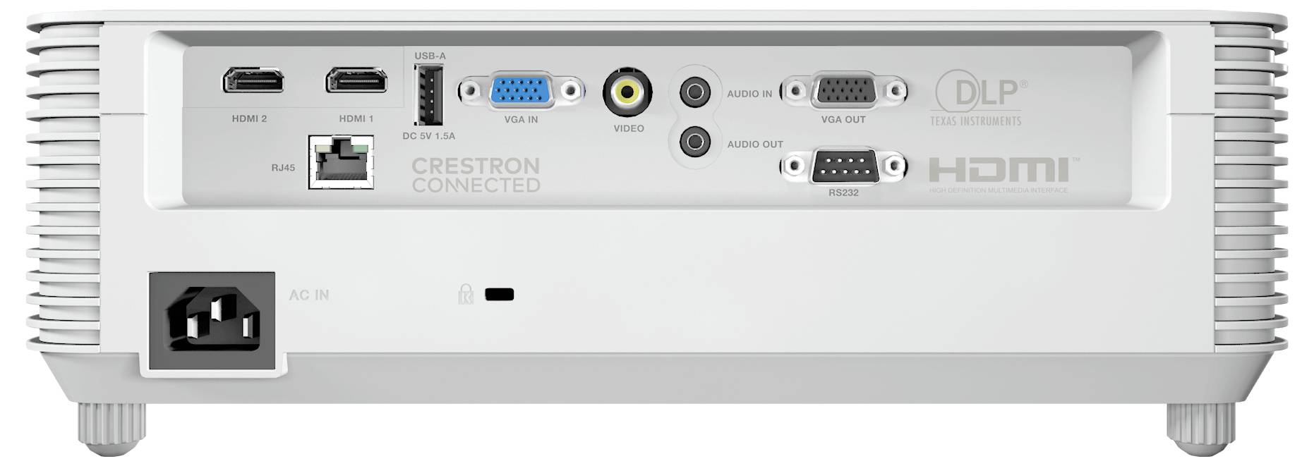 Zadní pohled projektoru zobrazující různé vstupní porty, včetně HDMI, USB, VGA, LAN, audio vstupu/výstupu. Přítomna loga DLP a Crestron Connected.