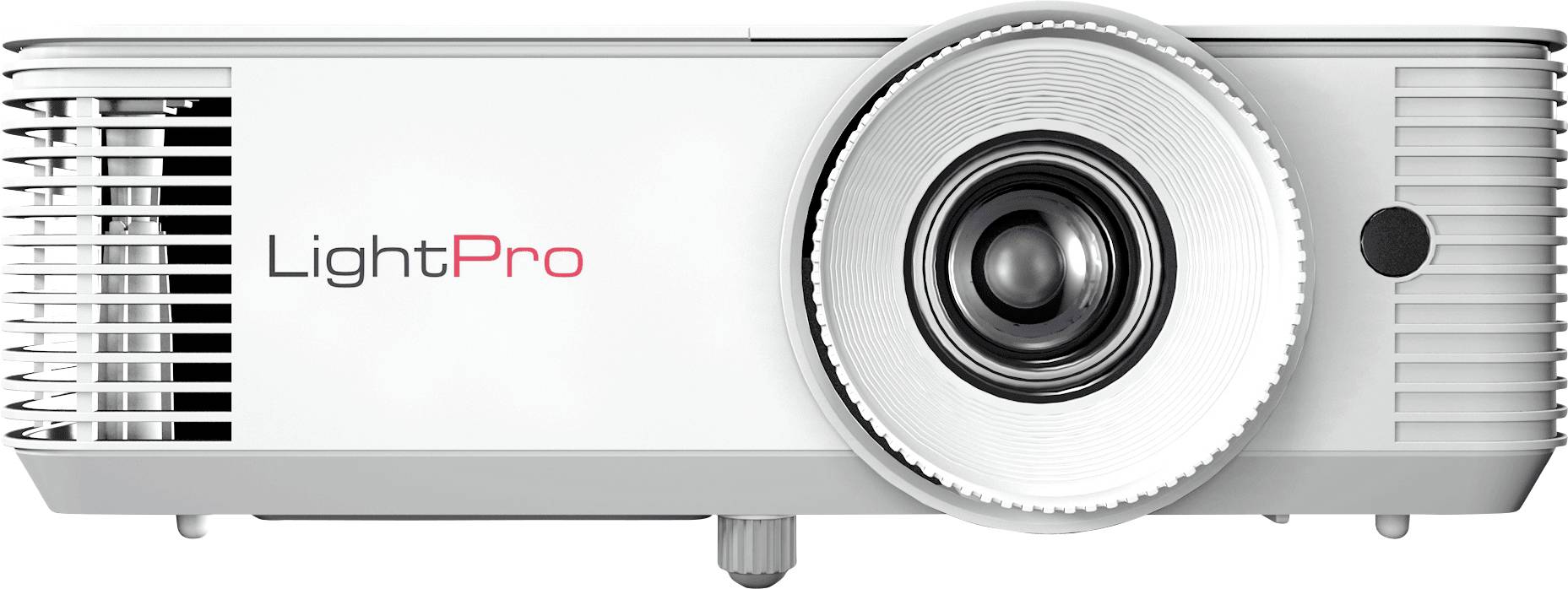 Pohled zepředu na bílý projektor označený 'LightPro', zobrazující objektiv a větranou stranu vlevo, navržený pro prezentace nebo mediální projekty.
