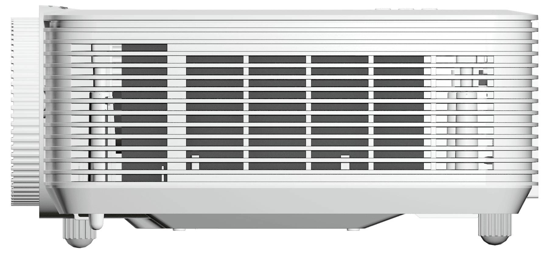 Větraný bílý, obdélníkový elektronický přístroj, pravděpodobně projektor nebo čistička vzduchu, s horizontálními štěrbinami, na krátkých nožkách.