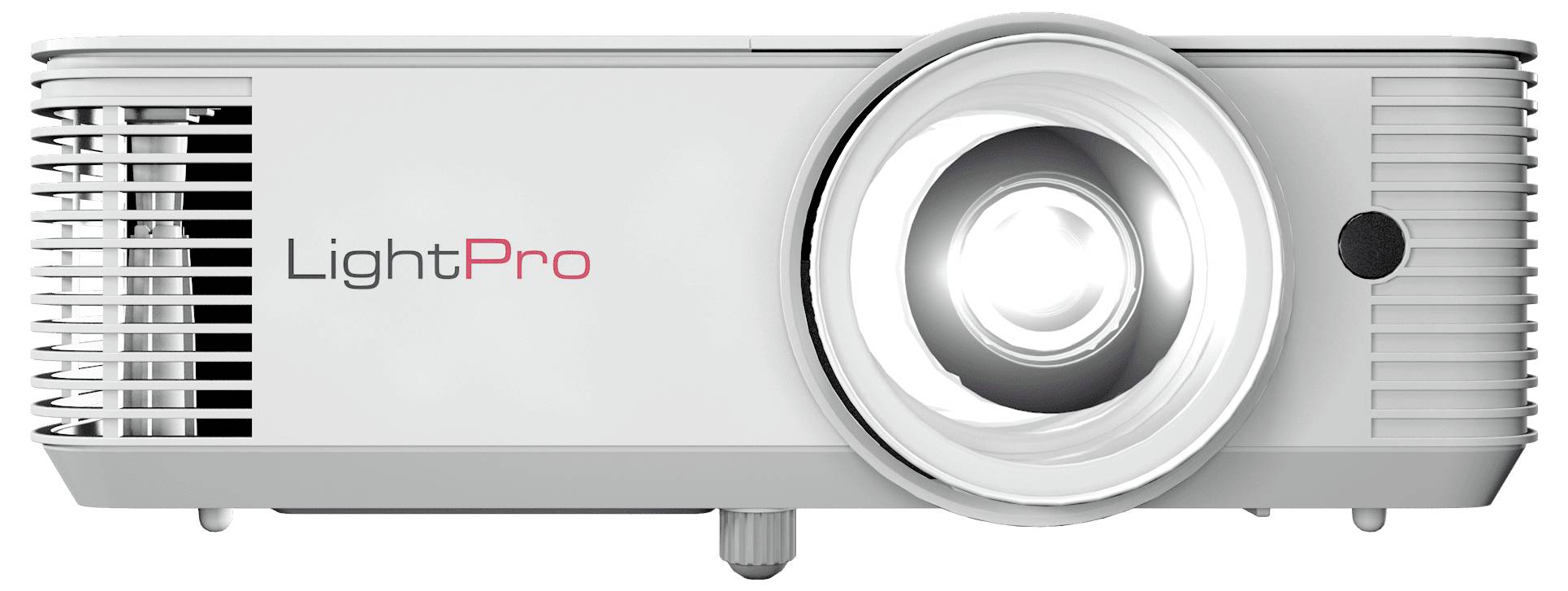 Bílý projektor LightPro s výrazným objektivem směřujícím dopředu, určený pro prezentace nebo domácí filmový zážitek.