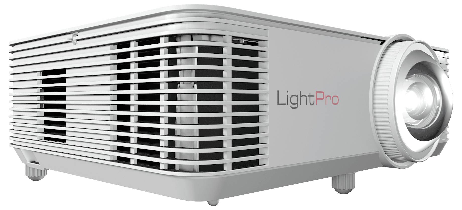 Stříbrný projektor LightPro s velkým objektivem na straně, určený pro prezentace nebo domácí filmový zážitek.